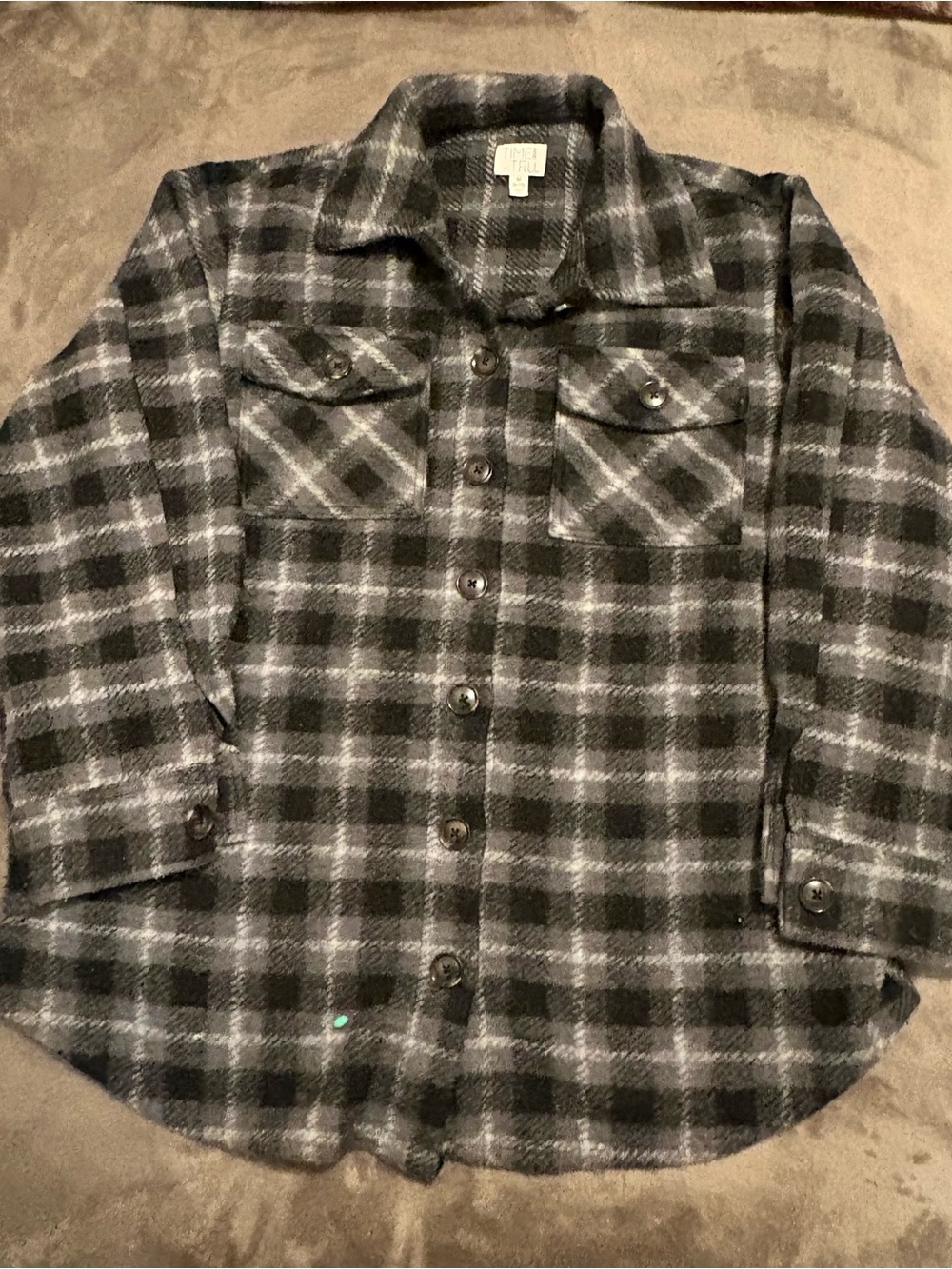Time and Tru Black and Gray Plaid Button-Down Shirt Jacket